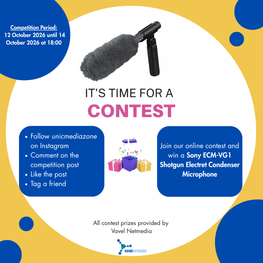 Contest poster. Competition period: 12 October 2026 until 14 October 2026 at 18:00. To enter: follow unicmediazone on Instagram, comment on the competition post, like the post and tag a friend. Win a Sony ECM-VG1 Shotgun Electret Condenser Microphone. All contest prizes provided by Vavel Netmedia.